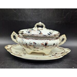 Antique Dunn Bennett Co Polychrome Transferware Lidded Sauce Tureen W Underplate